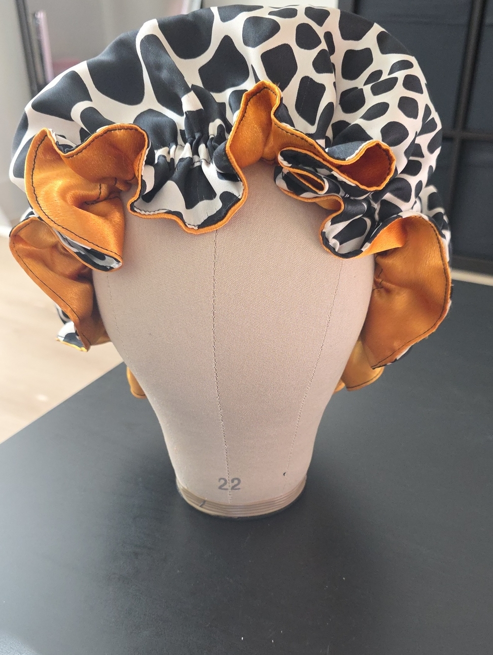 Handmade Hair Bonnet Cream & Black Giraffe Print